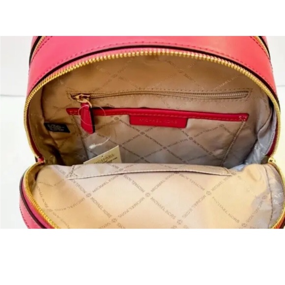 New Michael Kors Jaycee Medium Zip Pocket Backpack Leather Bright Red - Picture 2 of 3